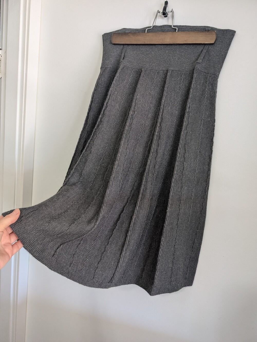 Lapis Lg Wool Skirt A-line Skater Ribbed Braid Knit Belted Midi Grey High Waist